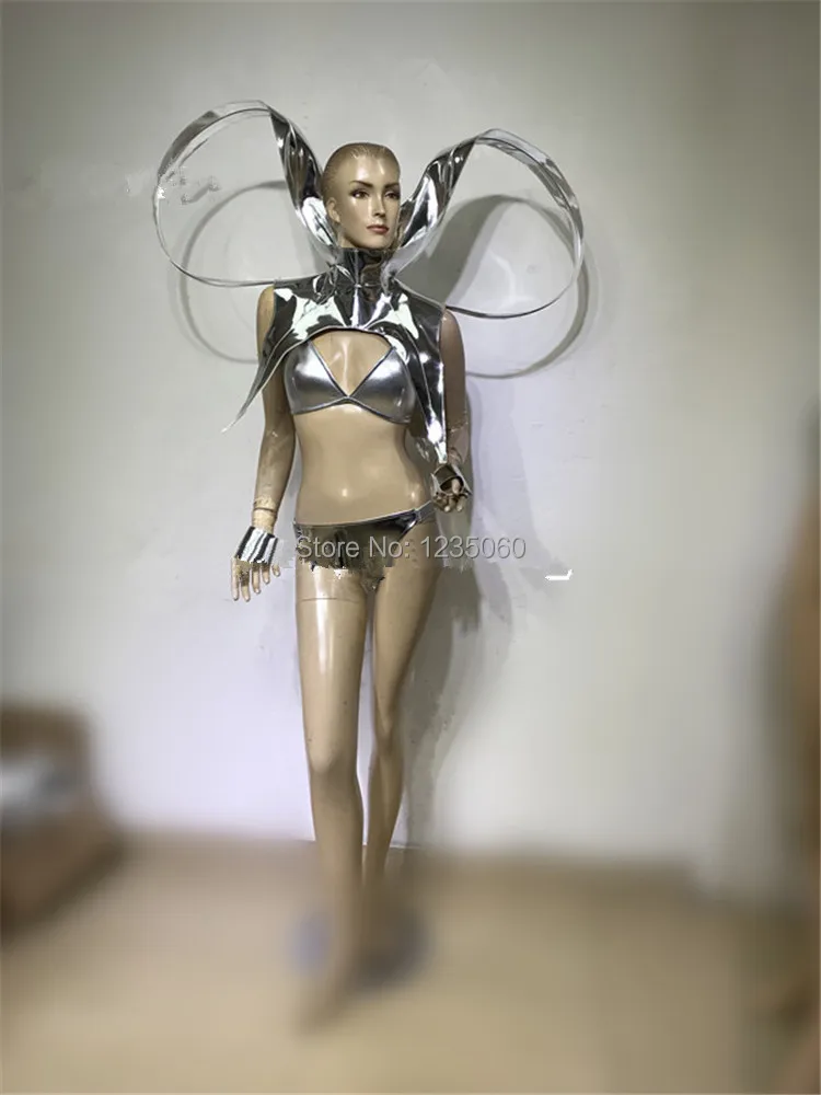 WYY Silver gogo одежда для сцены костюмы dj бикини бюстгальтер Бальные платья для танцев женский боди лифчик для бара плечо вечерние для выступления DS