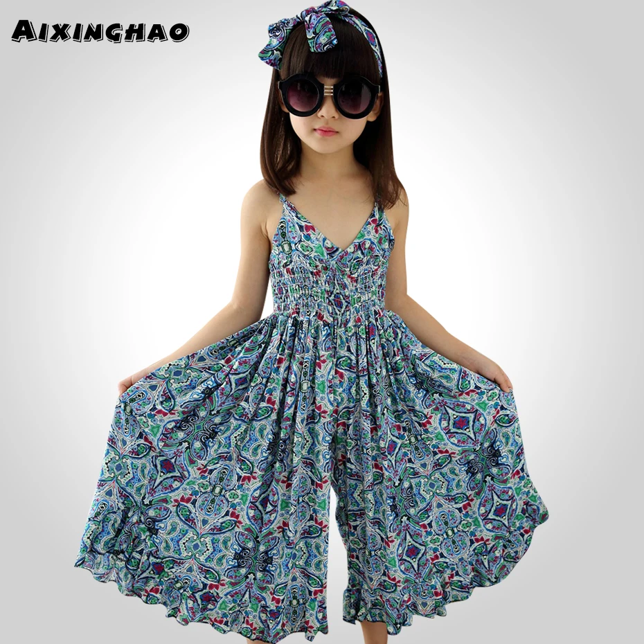 Aixinghao/летнее платье для девочек; шифоновые сарафаны для девочек; сарафан с цветочным принтом; пляжное платье для девочек 8, 10, 12, 14 лет; детская одежда для подростков