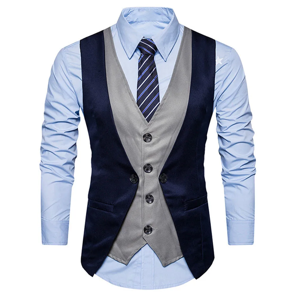 

Mens Suit Vests 2019 Vintage Slim Fit Male Waistcoat Casual Gilet Costume Business Dress Vest Formal Fake Two Vest Men d90628