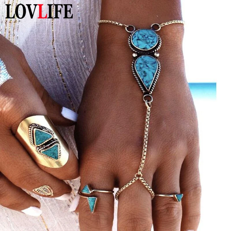 

Bohemian Beach Style Vintage Ethnic Green Fingered Bracelet for Women Fashion Ladies bracelets Set Hand Jewelry Accessories