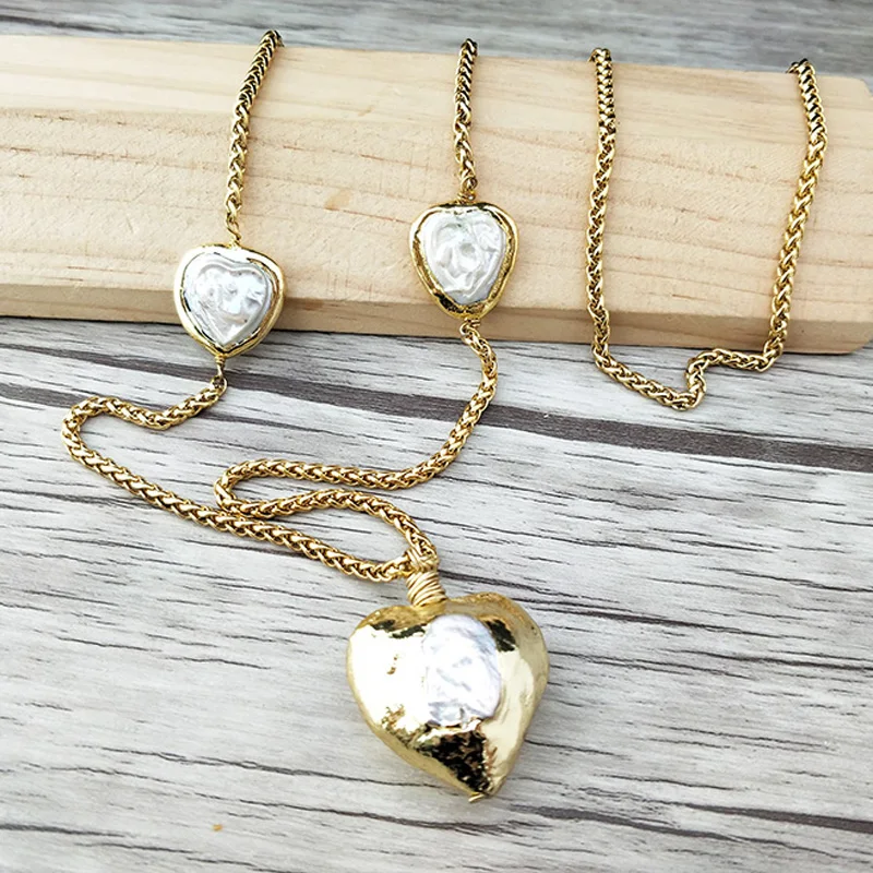 

4 Strands golden chain Necklace,with electroplate Natural heart shape pearl Pendant long Necklaces Jewelry For Women NK418