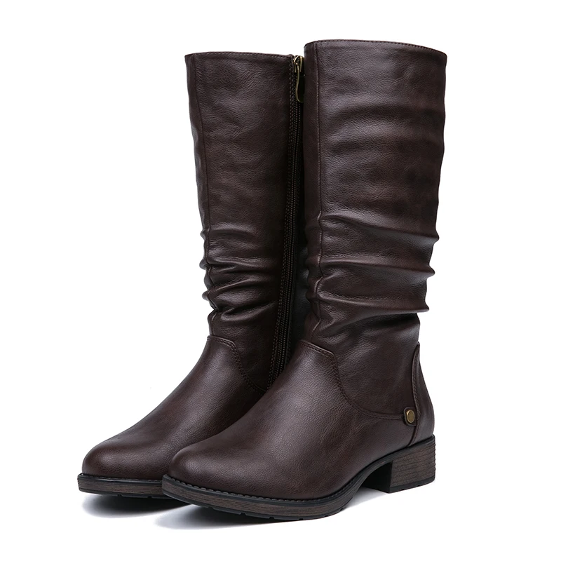 AIMEIGAO New Autumn Winter Mid-calf Women Boots Flats Heels Warm Plush PU Leather Boots High Quality Knee High Boots