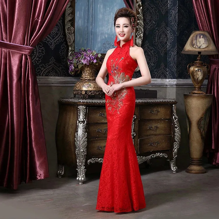 Модное красное кружевное свадебное платье Qipao длинное с новогодней елкой, бумажный Тонкий ретро Qi Pao женские античные платья