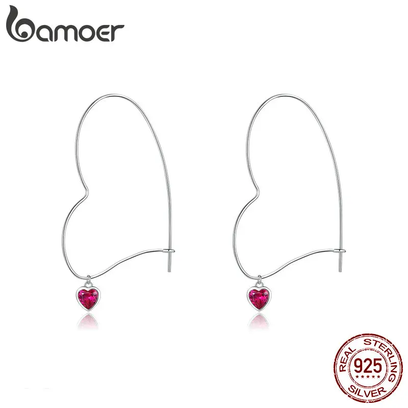 

bamoer Big Hoop Heart Shape Earrings for Women Cubic Zirconia Heart-shape Earing 925 Sterling Silver Fashion Jewelry BSE214