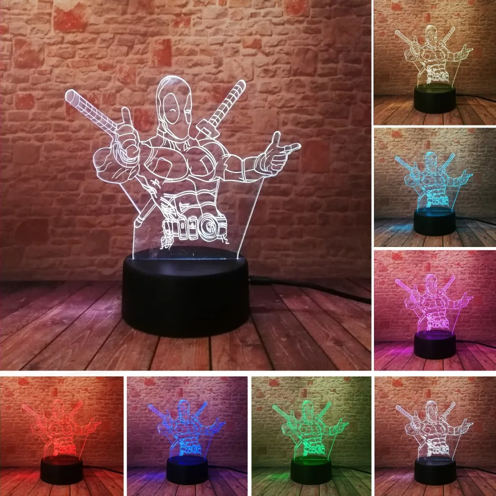 Мстители Дедпул светодиодный 3d-ночник USB 7 цветов украшения иллюзия RGB дом Hould лампы Детские праздники и дни рождения подарки другу