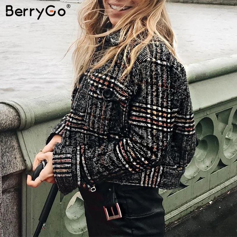 BerryGo повседневные твидовые клетчатые женские куртки пальто с длинным рукавом однобортные офисные женские куртки пальто передний карман