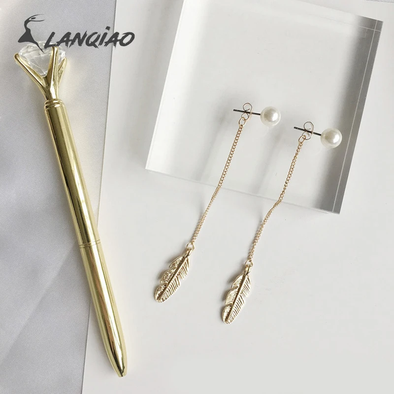 

LANQIAO Fashion Personality Drop Simulated Pearls Long Tassel leaf feather Dangle Earrings Jewelry for girlfriend Best Gift