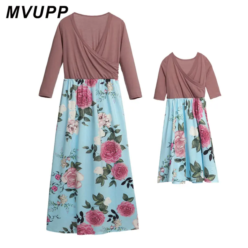 MVUPP/Новые модные платья для мамы и дочки детская праздничная одежда с v-образным вырезом и цветочным принтом для маленьких девочек 2 цвета, NMD
