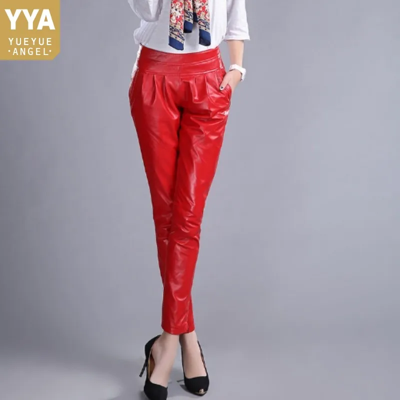 Elegante Hoge Kwaliteit Lederen Broek Vrouwen Hoge Taille Geplooide Slanke Broek Kantoor Dame Rood Zwart Schapenvacht Potlood Pantalon Mujer Elegante Hoge Kwaliteit Lederen Broek Vrouwen Hoge Taille Geplooide Slanke Broek Kantoor Dame Rood Zwart Schapenvacht Potlood Pantalon Mujer