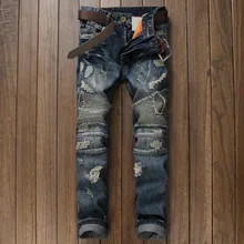 2017 new jeans men biker jeans pleated denim pants beggars ripped jeans European and American style men’s jeans