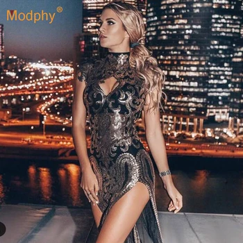 

2019 summer new cheongsam sequin dress sexy sleeveless hollow high split long dress celebrity show catwalk party dress Vestidos