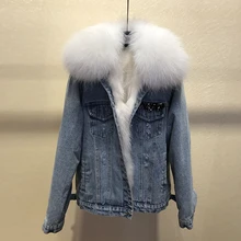 Новое поступление женские зимние меховые джинсовые куртки пальто корейский стиль теплое короткое пальто D850