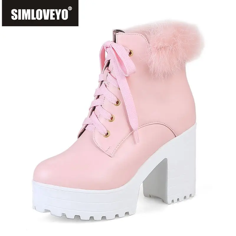 

SIMLOVEYO Women boots Ankle boots High Heel Lace up Female Autumn Fashion Plus size 34-43 Platform Solid mujer Botas Femal B909