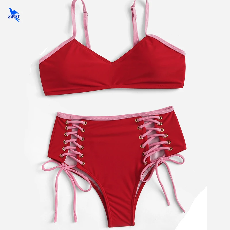 

New 2019 Red Bikini Set High Waist Swimsuit Hollow Out Swimwear Female Bandage Bathing Suit Halter Swimming Suit Women Beachwear