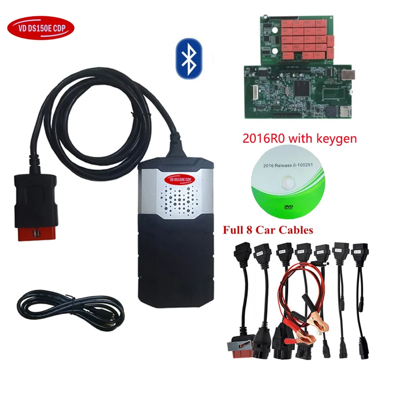 2019 obd ماسحة ل delphis vd ds150e cdp 2016R0 بلوتوث vd tcs cdp obd2 أداة تشخيص مع التبديلات + 8 قطعة سيارة شاحنة الكابلات.