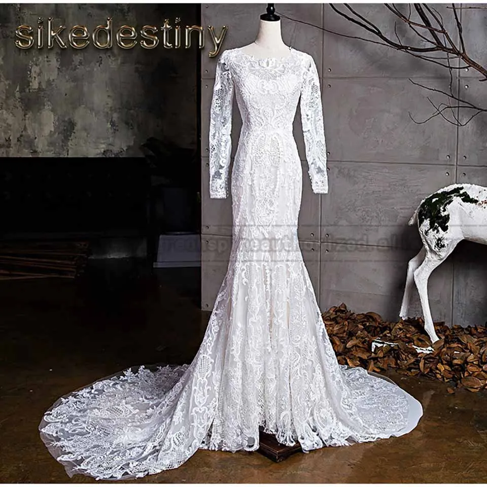 Ivory Lining Русалка свадебное платье изысканное кружево Blackless одежда с длинным рукавом vestido de noiva robe de mariage изготовление размеров под заказ - Цвет: Ivory Lining