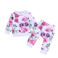 Осенне-зимняя одежда для новорожденных девочек, футболка с цветочным принтом + штаны, комплект одежды из 2 предметов, хлопковая детская