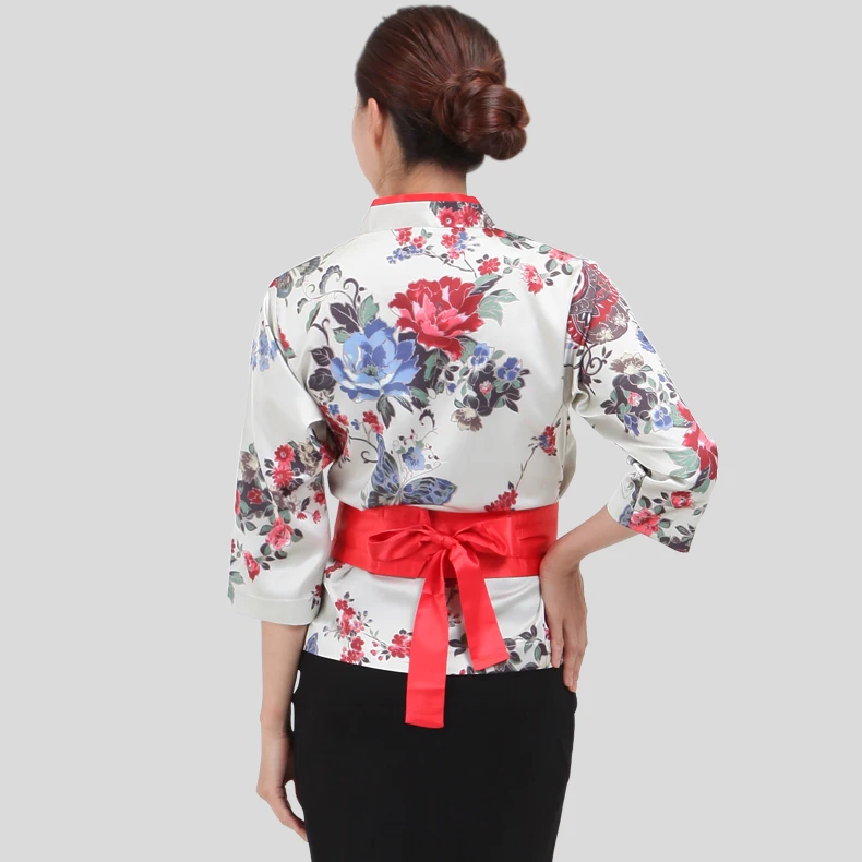 Для женщин японский в Корейском стиле со средним рукавом Униформа повара для шеф-повара рабочая одежда повар ресторана для девочек, костюм с футболкой с цветочным принтом