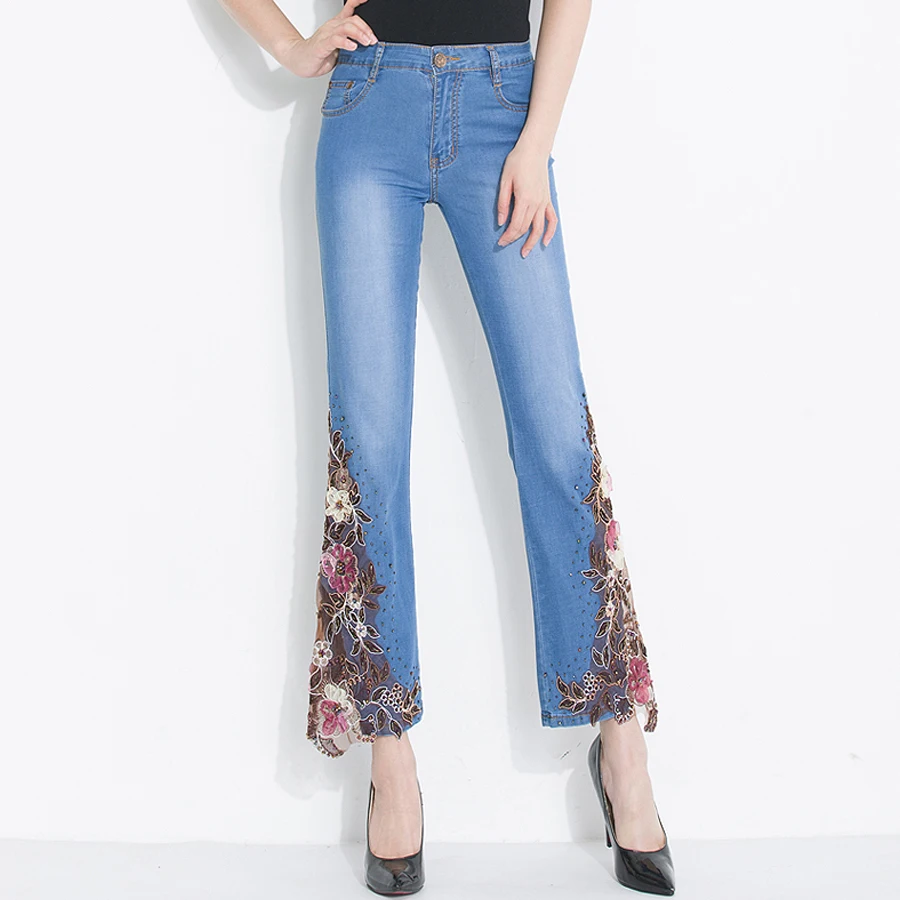 Spring Summer Women Beading Stretch Flare Jeans With Embroidery