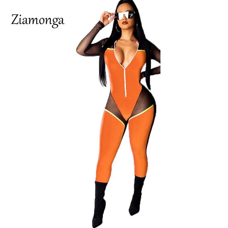 Ziamonga пикантные с длинным рукавом Bodycon комбинезон осень комбинезоны для девочек повседневное сетки лоскутное одеяло на