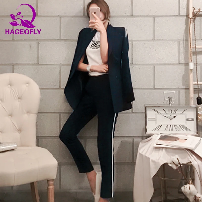 HAGEOFLY Dark Blue Blazer Suit Women Business 2 Piece Interview Suit Set Uniform Long-sleeved Blazer and Pencil Pant OL Suits HAGEOFLY Dark Blue Blazer Suit Women Business 2 Piece Interview Suit Set Uniform Long-sleeved Blazer and Pencil Pant OL Suits