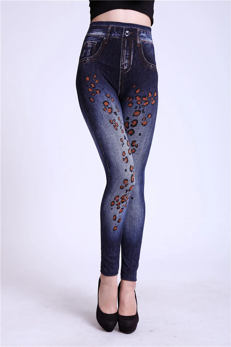 Fashion Slim Women Spring Summer Leggings Faux Denim Jeans Leggings Long Floral Printing Casual Pencil Pants Thin Fleece Inside white leggings