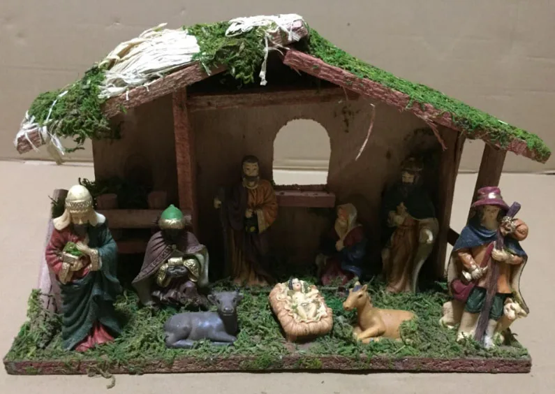 

European Wooden House Christmas Jesus Nativity Scene Christian Church Candlestick Ornament Religion Resin Decoration