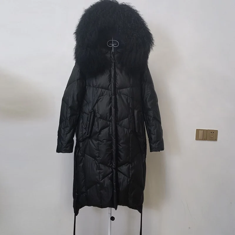 Настоящий пляжный шерстяной воротник с капюшоном Зимний пуховик женский модный Зимний пуховик длинная теплая Водонепроницаемая яркая парка пальто