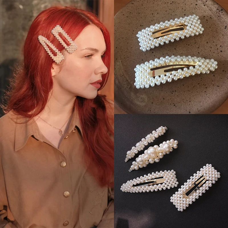 

2019 New Fashion Women Pearl Hair Clip Snap Barrette Stick Hairpin Bobby Pin Hair Styling Accessories For Girl Jewelry Gift