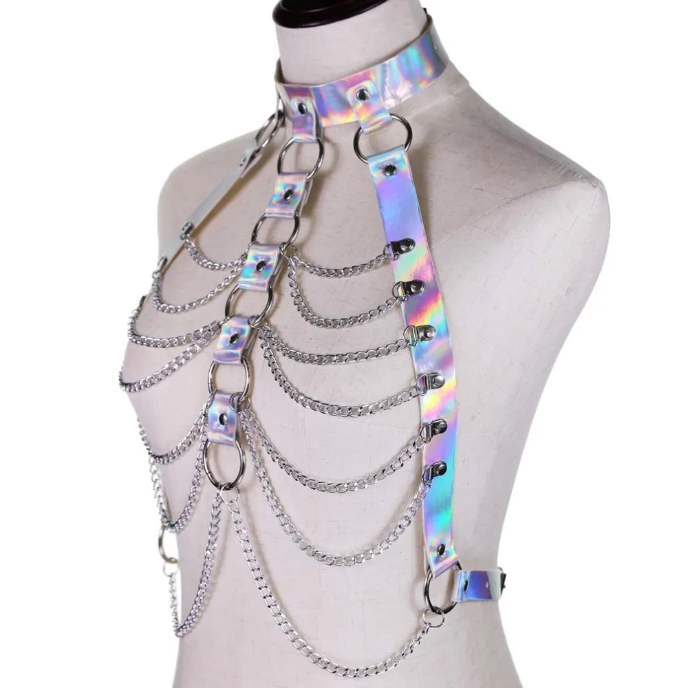Buy Holographic chain harness body chain bra top punk women holo rainbow pvc body jewelry Bondage Waist summer festival rave outfit