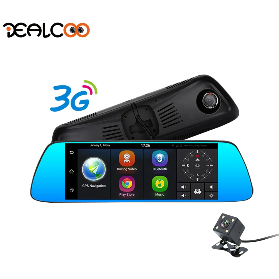 DealCoo 3G регистраторы 7' Android 5.0 1080 P FHD Двойной объектив Зеркало заднего вида