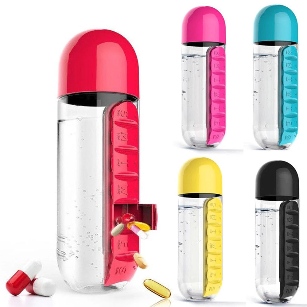 

2019 New Portable 2 in 1 Water Bottle Pill Box Outdoor Travel Water Bottle Medicine Cup Plastic Bottles 5 Colors 600ML