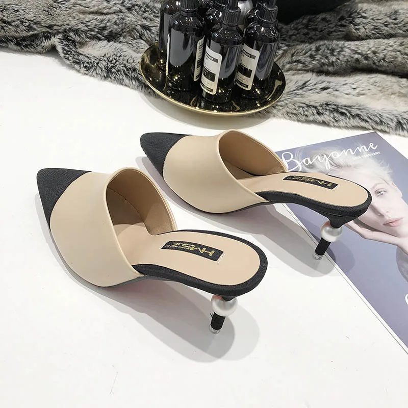 Med Pointed Toe Woman Shoes Luxury Mixed Colors Slides Metal Decoration Thin Heels Designer Slipper Cover Soft PU Rubber