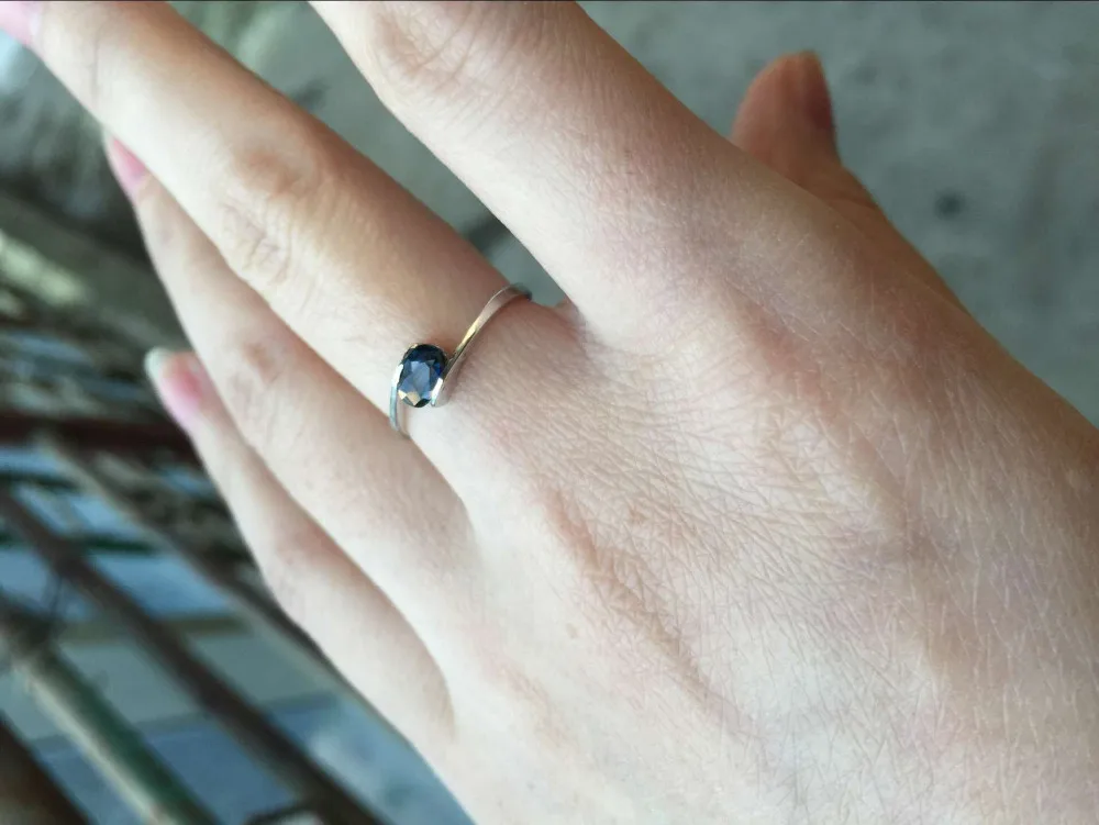 Натуральный темно-синие Sapphire Gem Кольцо природных драгоценных камней кольцо стерлингового серебра 925 Модный Элегантный Круглый натяжения женские офисные ювелирные изделия