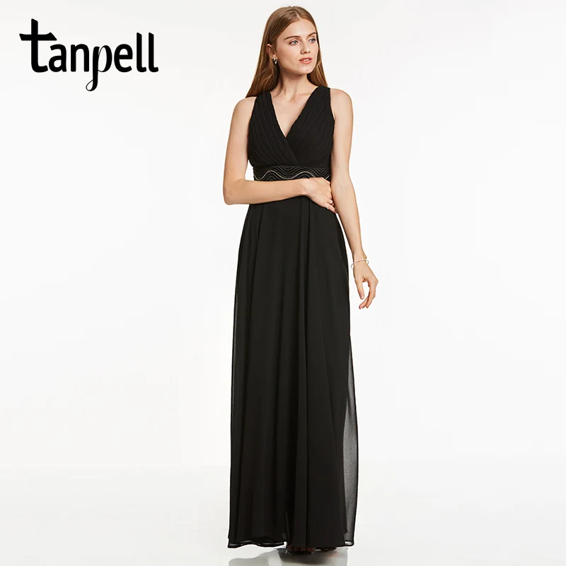 Tanpell империи талии вечернее платье дешевые черные рукавов Line этаж Длина платья V шеи бисером длинное шифоновое вечернее платье