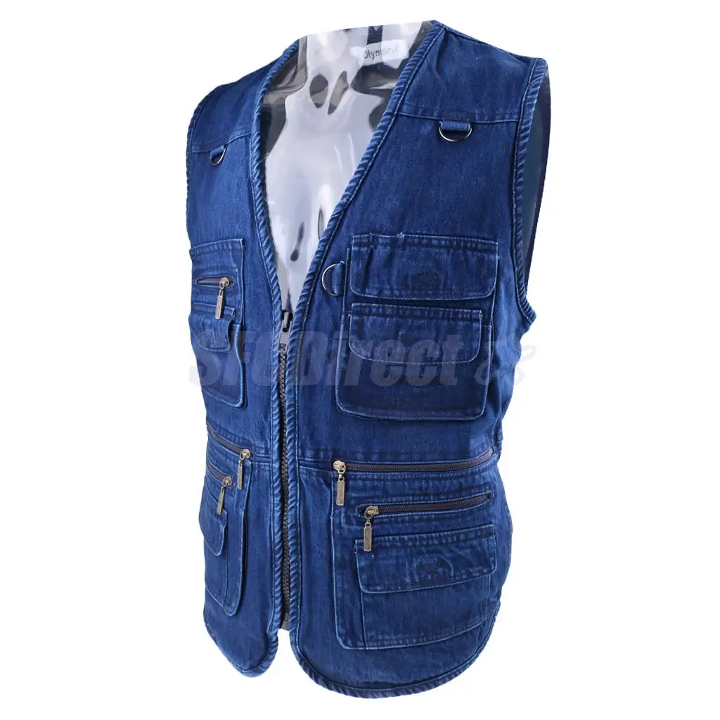 

Men's Multi Pockets Denim Vest Waistcoat Hunting Fishing Photographer Journalist Vest Leisure V-neck Jackets