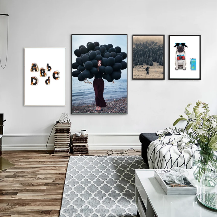 Nordic Minimalism Art Prints and Posters Balloon Forest Pug Wall