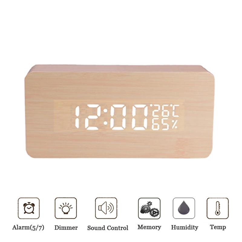 

LED Wooden Alarm Clock Voice Control Digital Wood Despertador Electronic Desktop Table Digital Thermometer USB/AAA Powered