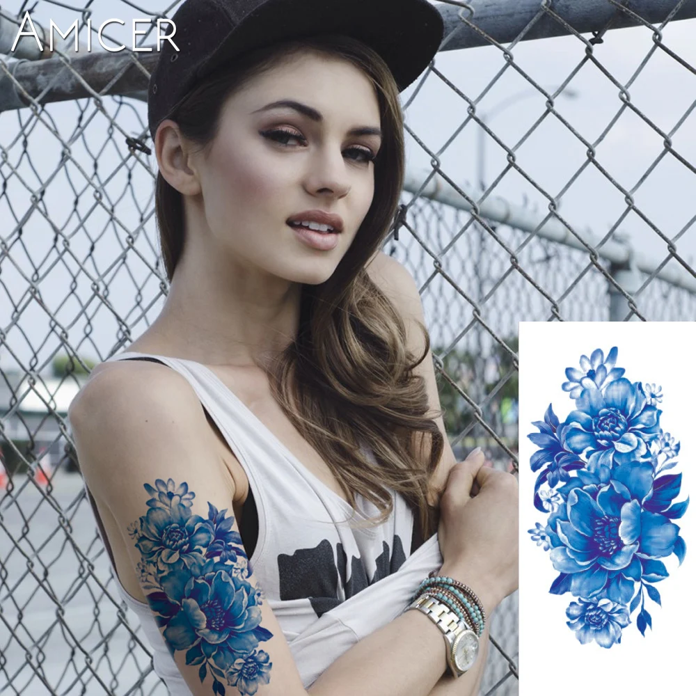 061 15 De Réductionindien Arabe Faux Temporaire Flash Henné Tatouage Autocollants Bleu Rose Fleurs Tatouage Bras épaule Jambe Tatouage Imperméable