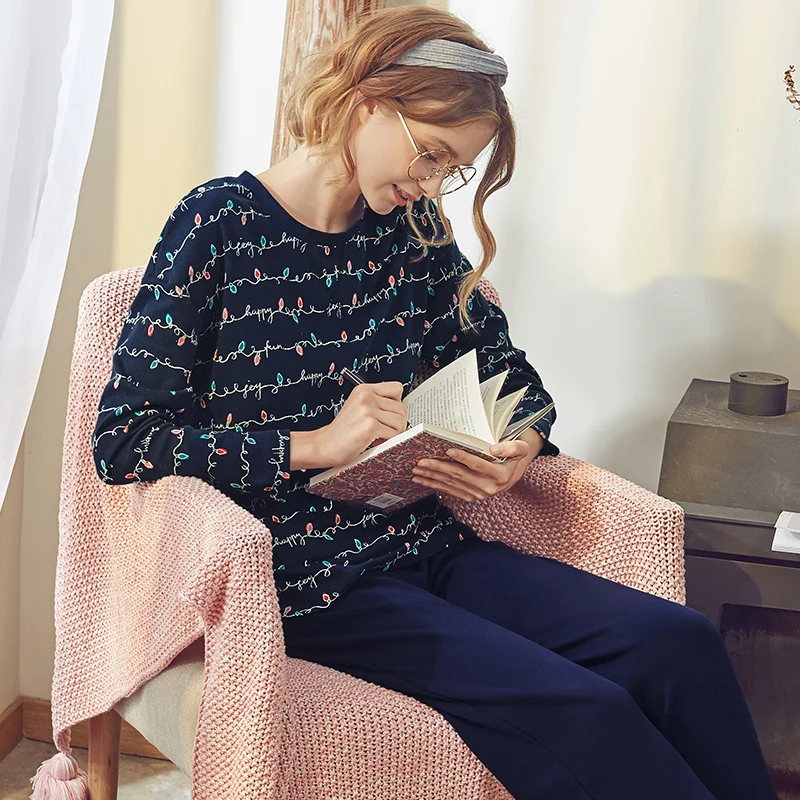 THREEGUN New Pajamas Sets Long Sleeved Spring Autumn Long Sleepwear Suit Pijama Lingerie Printed Lady Casual Home Clothing