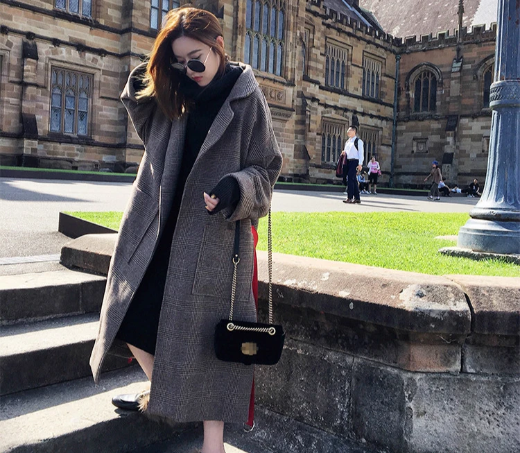 Women Plus Size Long Plaid Woolen Coat Autumn Winter Overcoat