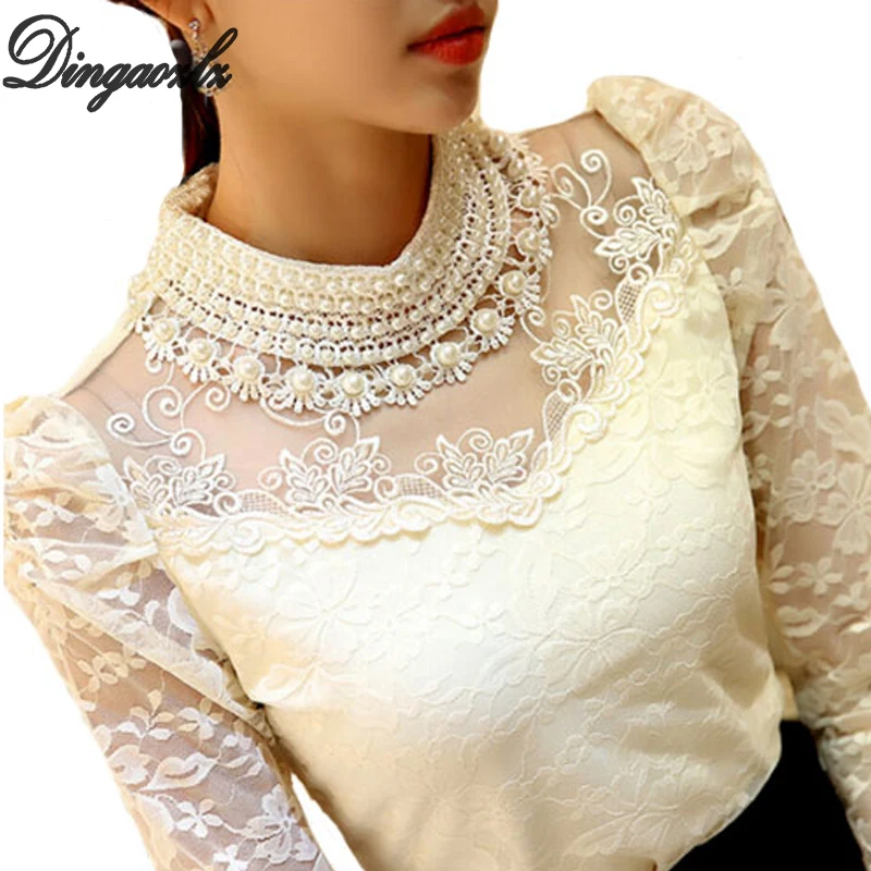 Dingaozlz элегантный длинный рукав боди с бисером для женщин кружевная блузка Рубашки крючком топы blusas сетка шифоновая блузка женская одежда