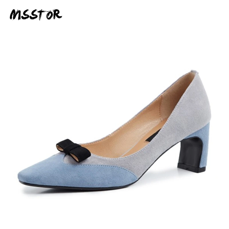 

MSSTOR Mixed Colors Womens High Heels Kid Suede Square Toe Butterfly-knot Casual Office Dress Shoes Women Autumn Spring Pumps