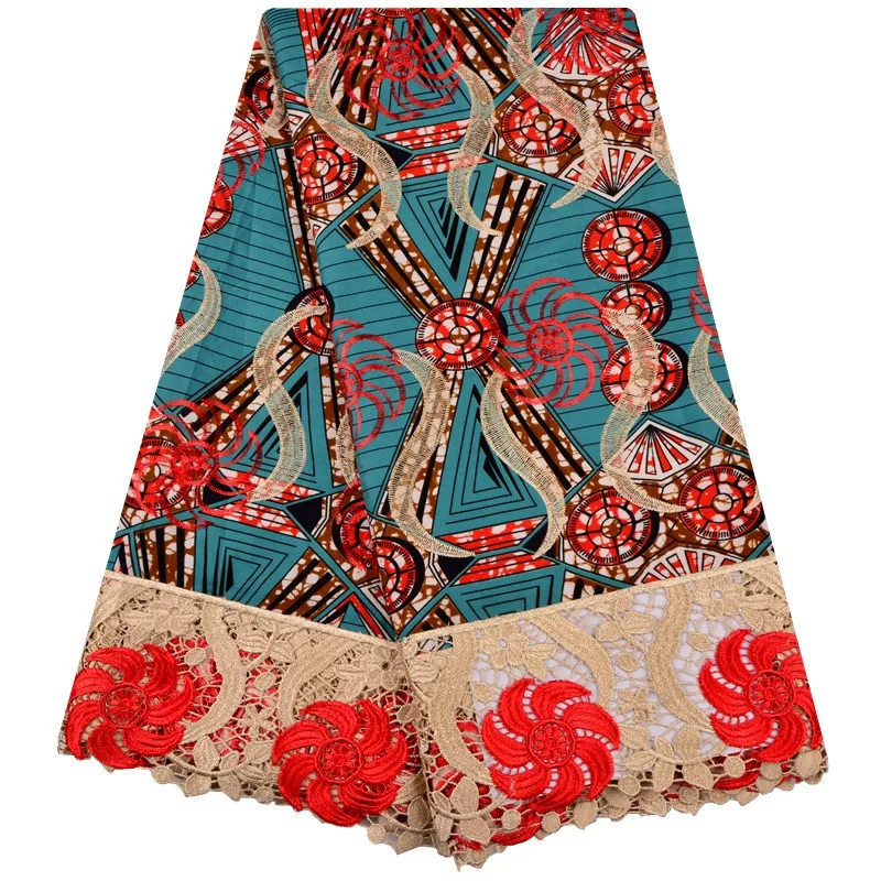 

Beautiful Embroidered African Ankara Wax Lace Fabric With Guipure Lace Border For Making Party Dress S1295