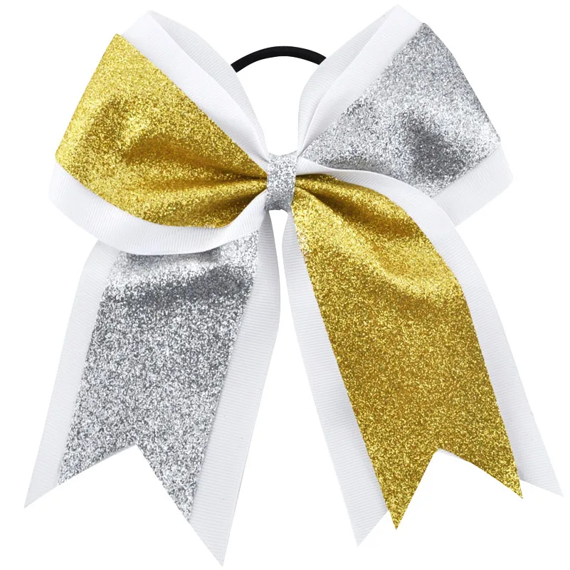 Gold With Silver 20 шт 7 дюймов большой бант для волос Блеск порошок Grosgrain лента эластичные резинки для волос конский хвост банты для волос для девочек/женщин - Цвет: Gold With Silver