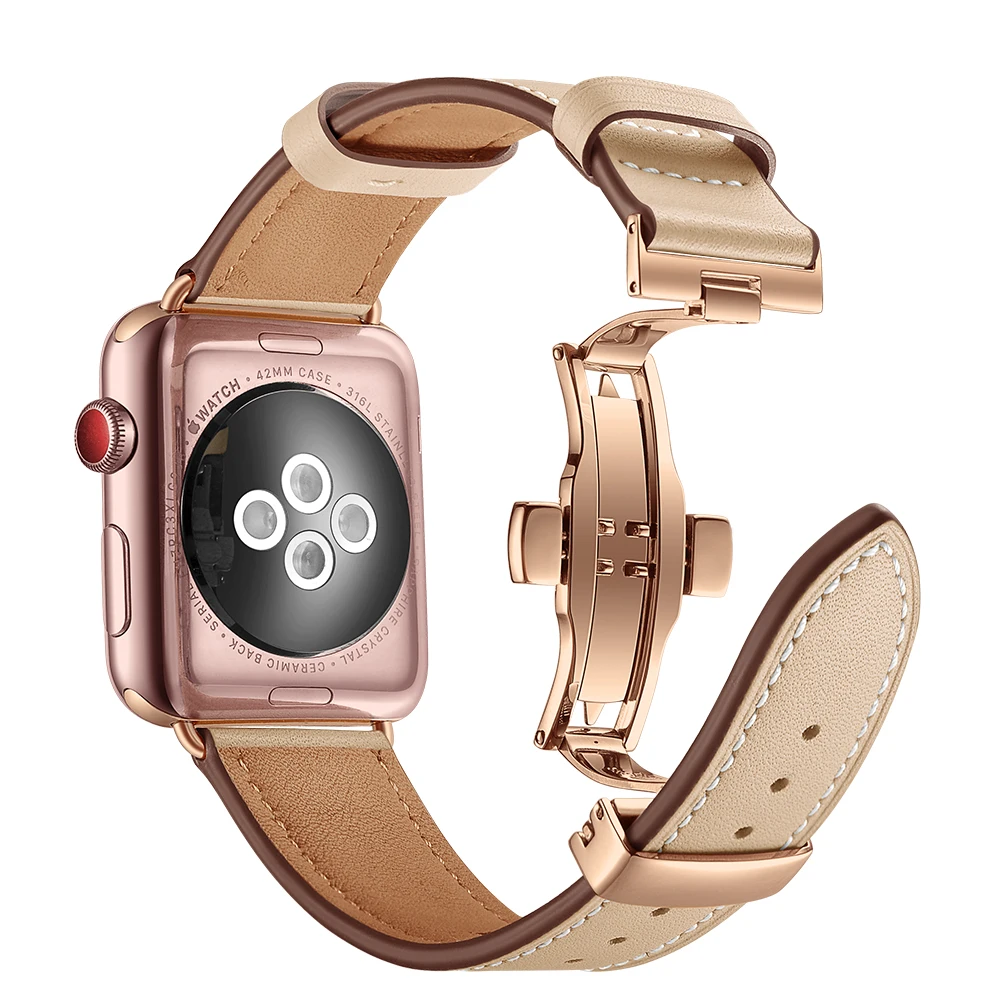 Женские элегантные мягкие кожаные часы с застежкой-бабочкой для Apple Watch Band 42 мм 38 мм 40 мм 44 мм для iWatch 5 цветов Band 1 2 3 4