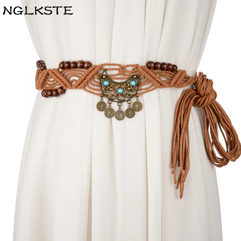 Fashionable belt for dresses women national style waxed rope wide