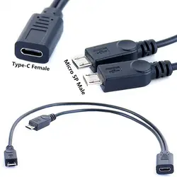 2 в 1 USB 3,1 Тип C зарядный кабель, USB C Тип C женский 2 * USB 2,0 micro 5Pin Кабель зарядного устройства 0,25 м 25 см