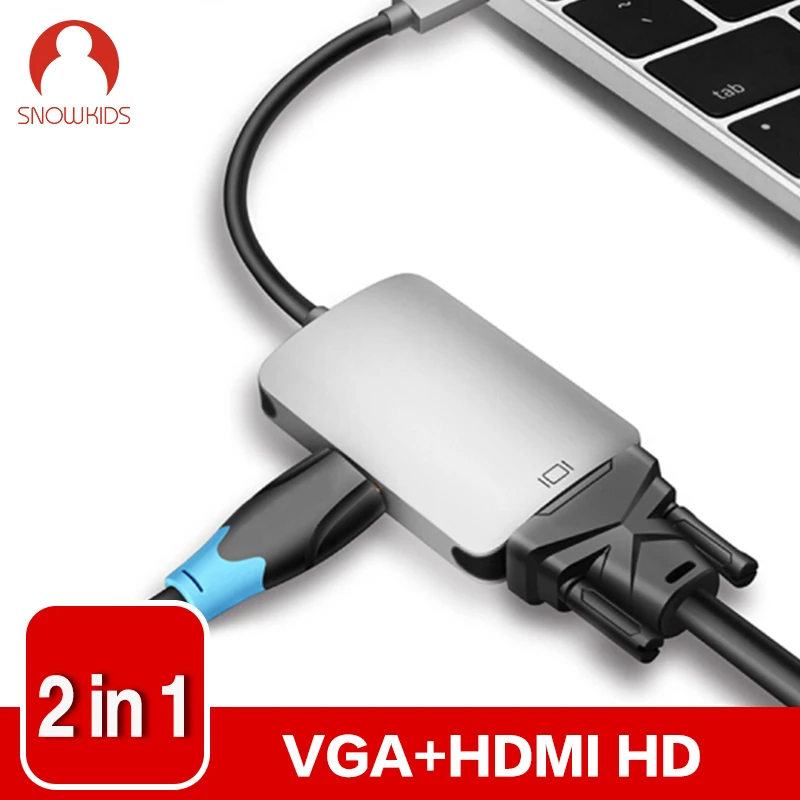 

Snowkids USB Type c to HDMI VGA Hub Adapter Converter for Projector TV Large Screen HDMI VGA Ports Expansion