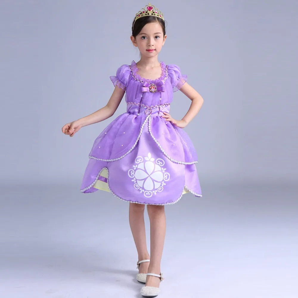 

New Top quality cotton girl dress sofia princess purple Fluffy dress big petals princess Sophia kid Casual cartoon party dress